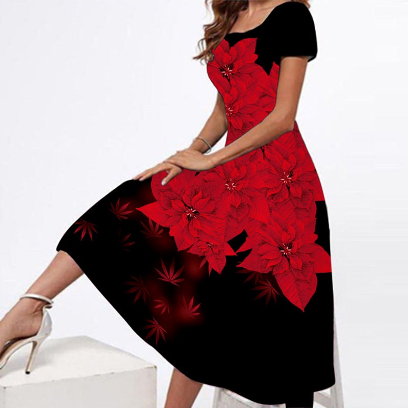 Women's Square Neck Short Sleeve Printed Maxi Dress with High-Low Hem - Image 3