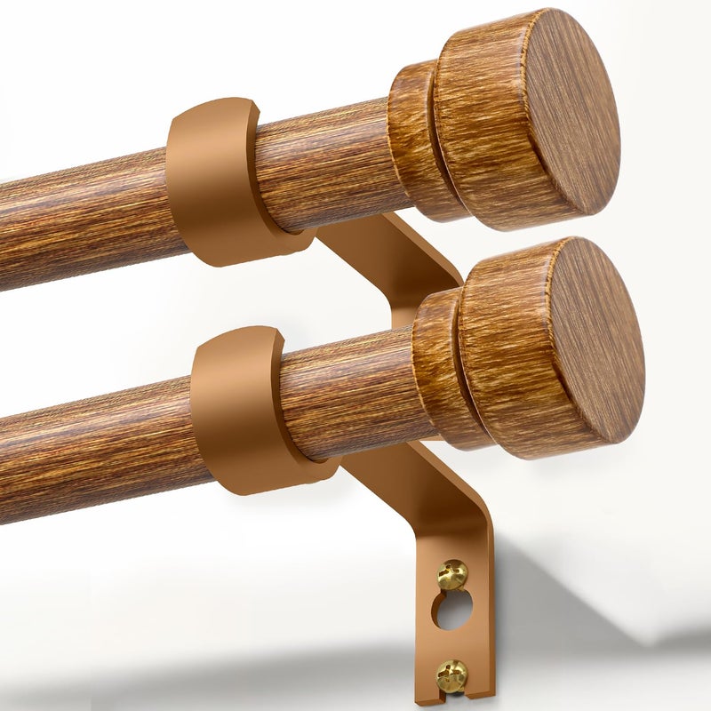 Lootkell 2 Pack Wood Curtain Rods for Windows 28 to 48 Inches 1" Diameter Boho Decorative Heavy Duty Window Curtain Rod Set Adjustable with Handmade Wood Grain Design for Living Room Bedroom Kitchen - Image 1