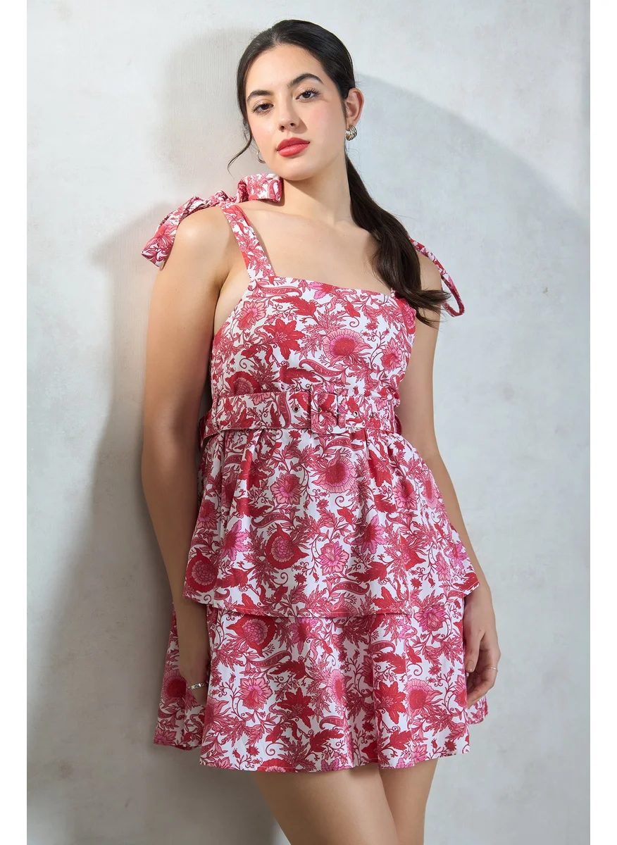 Virgio Virgio Women Cotton Square Neck Mini Length Floral Sleeveless Dress