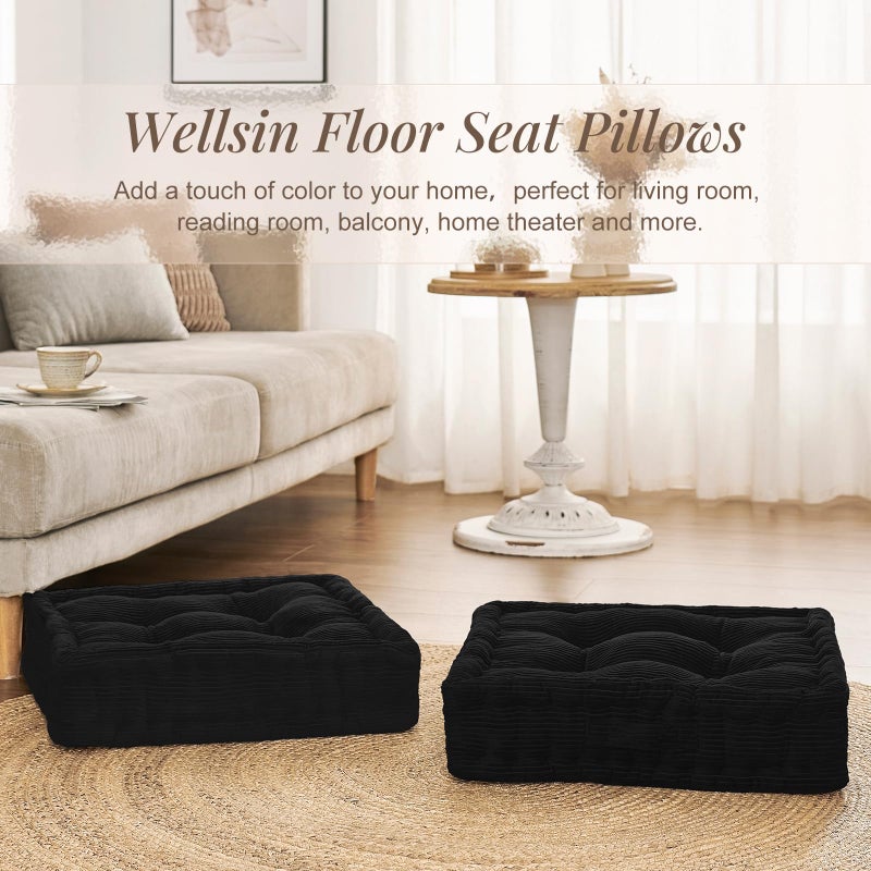 Wellsin Square Floor Pillows for Adults Kids - Meditation Floor Pillow Seating Cushion - Tufted Floor Cushion with Shredded Foam & Velvet Cover, 2 Pack, 20x20 Inch, Black - Image 3
