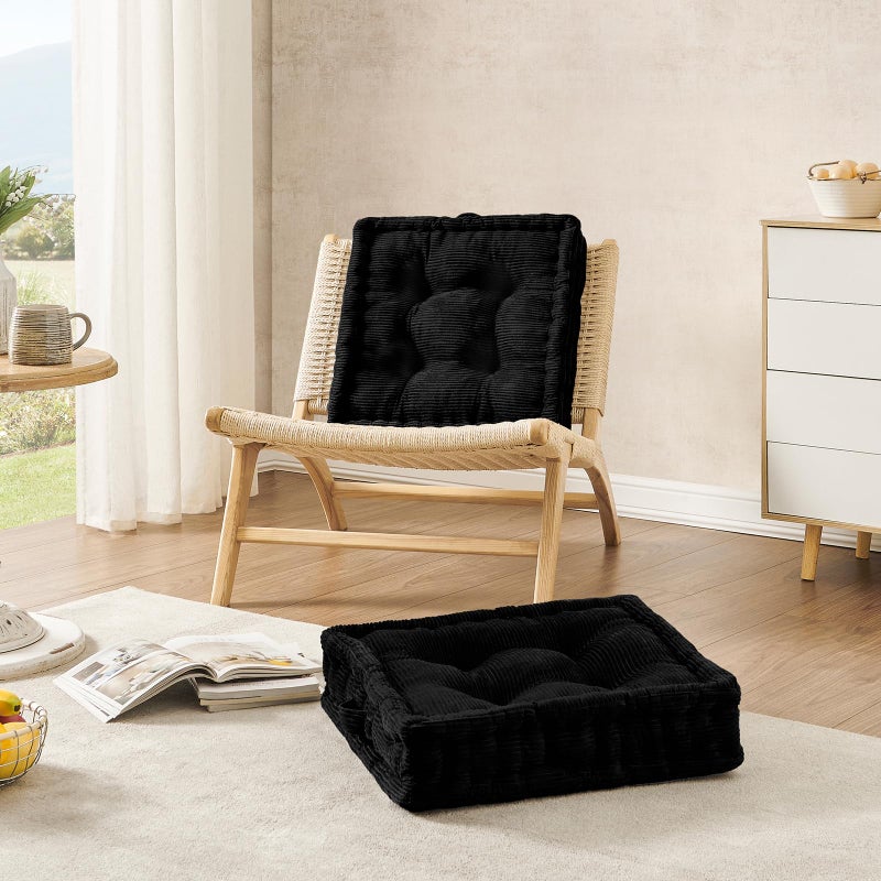 Wellsin Square Floor Pillows for Adults Kids - Meditation Floor Pillow Seating Cushion - Tufted Floor Cushion with Shredded Foam & Velvet Cover, 2 Pack, 20x20 Inch, Black - Image 5