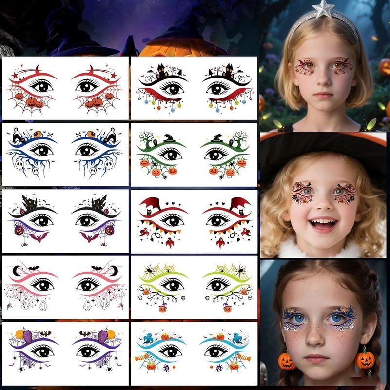 Sevgob Multiple options Halloween Temporary Tattoos Colorful Eye Fake Tattoos Halloween Styles Mixed Haunted House Tattoos Cute Ghost Tattoo Waterproof Cobweb Pumpkin Stickers for Kids Body Art Makeup 10 Sheets Simple multi-feature practical build - Image 1