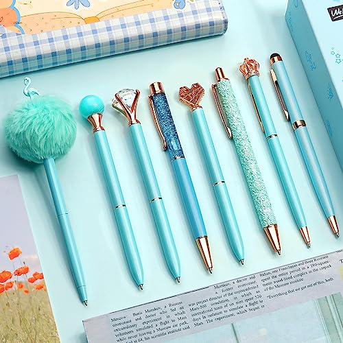 WEMATE 8Pcs Ballpoint Pens Set Metal Crystal Diamond Pen Glitter Pen for Journaling Blue Bling in Black & Blue Ink Pretty Cute Pens Fancy Pens Gifts for Women Wedding School Office Desk(Blue) - Image 1
