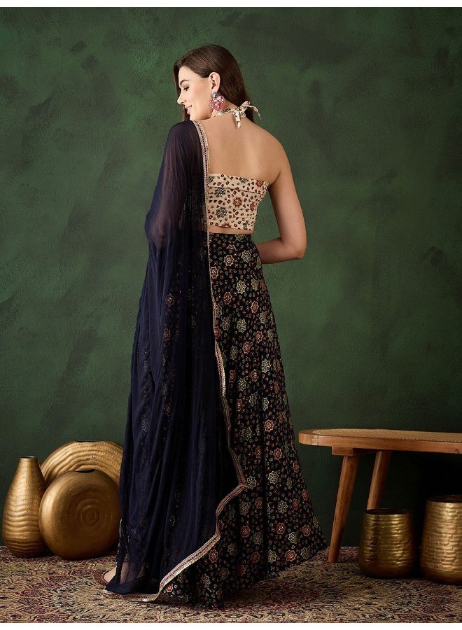 AKS Black Gold Foil printed lehenga choli with halter neck blouse - Image 4