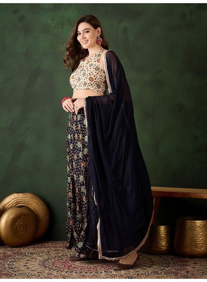 AKS Black Gold Foil printed lehenga choli with halter neck blouse - Image 5