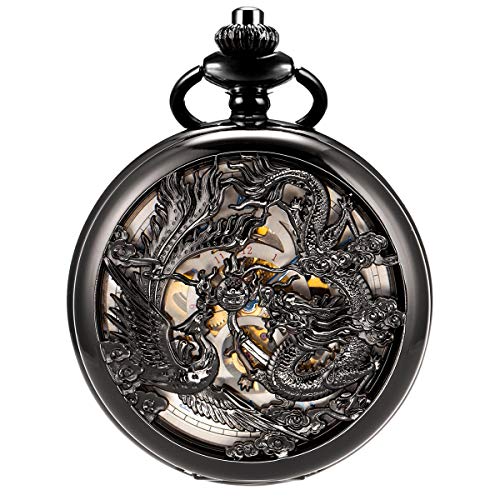 ManChDa Pocket Watch Lucky Dragon & Phoenix Vintage Mechanical Steampunk Skeleton Roman Numerals Black Fob Watch with Chain for Men Women, 5.Black Blue, S, 1d. Black Blue, 5.Black Blue, Small, 1d. - Image 1
