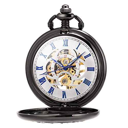 ManChDa Pocket Watch Lucky Dragon & Phoenix Vintage Mechanical Steampunk Skeleton Roman Numerals Black Fob Watch with Chain for Men Women, 5.Black Blue, S, 1d. Black Blue, 5.Black Blue, Small, 1d. - Image 2
