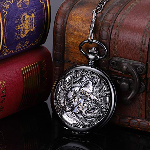 ManChDa Pocket Watch Lucky Dragon & Phoenix Vintage Mechanical Steampunk Skeleton Roman Numerals Black Fob Watch with Chain for Men Women, 5.Black Blue, S, 1d. Black Blue, 5.Black Blue, Small, 1d. - Image 3