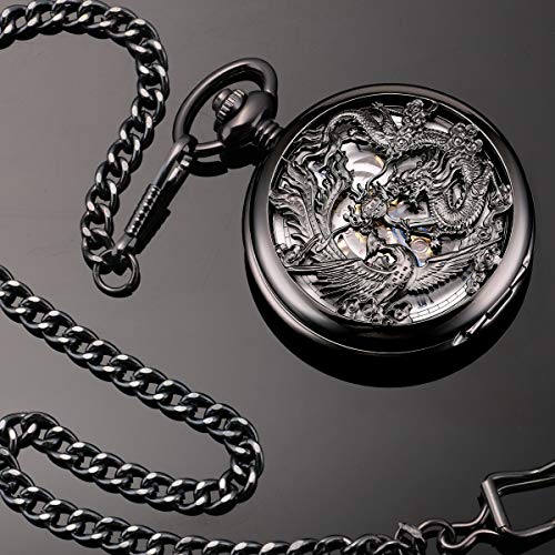 ManChDa Pocket Watch Lucky Dragon & Phoenix Vintage Mechanical Steampunk Skeleton Roman Numerals Black Fob Watch with Chain for Men Women, 5.Black Blue, S, 1d. Black Blue, 5.Black Blue, Small, 1d. - Image 4