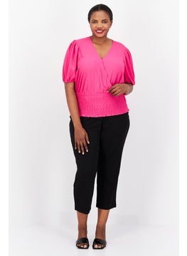 1 State Women Plus Size V-Neck Puffed Sleeves Plain Blouse, Pink  - Image 4