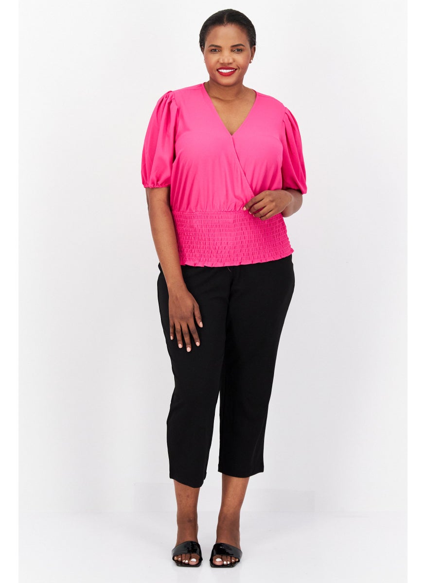 1 State Women Plus Size V-Neck Puffed Sleeves Plain Blouse, Pink  - Image 4