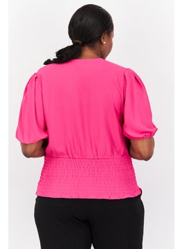 1 State Women Plus Size V-Neck Puffed Sleeves Plain Blouse, Pink  - Image 3