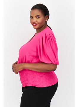 1 State Women Plus Size V-Neck Puffed Sleeves Plain Blouse, Pink  - Image 2