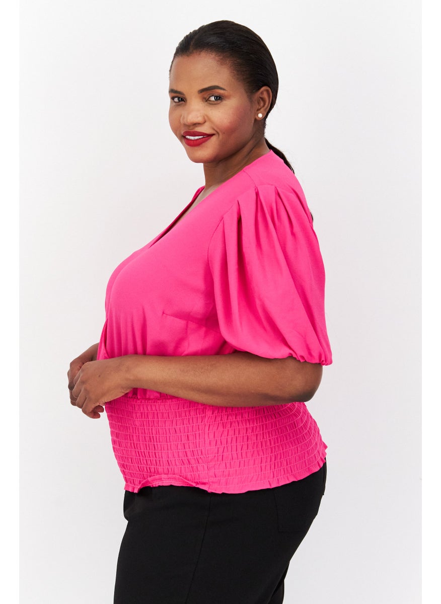 1 State Women Plus Size V-Neck Puffed Sleeves Plain Blouse, Pink  - Image 2