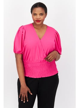 1 State Women Plus Size V-Neck Puffed Sleeves Plain Blouse, Pink  - Image 1