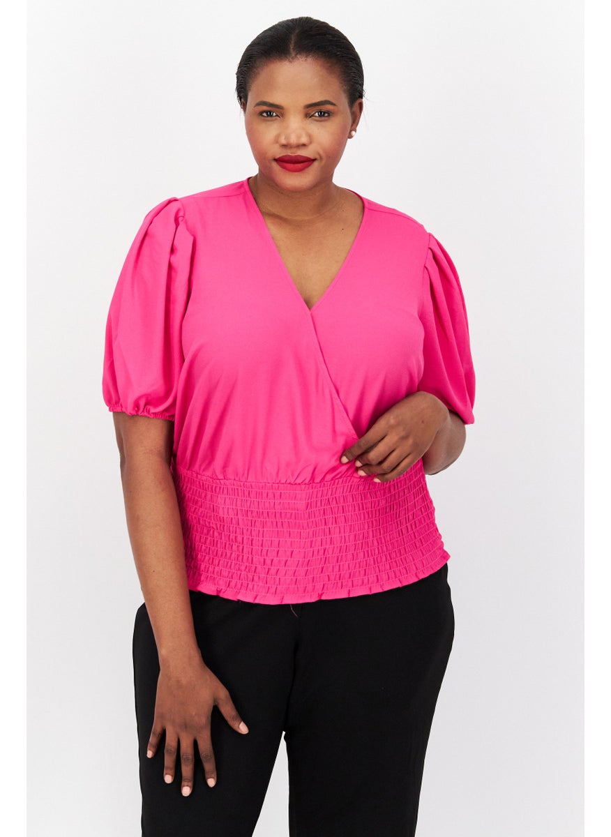 1 State Women Plus Size V-Neck Puffed Sleeves Plain Blouse, Pink  - Image 1