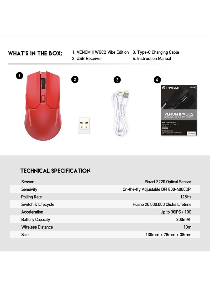 فانتيك ماوس ألعاب Venom WGC2 أحمر لاسلكي 2.4 جيجا هرتز قابل للتعديل 800-2400 نقطة لكل بوصة و قابل للشحن - Image 2