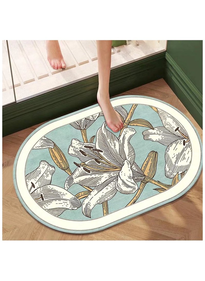 LESTER LESTER Water Absorbant Non-Slip Bathroom Mat, Quick Drying Bathroom Carpet, Non-Slip Entrance Doormat Diatom Leather Skin Floor Mats Home Decor Set Mat Oval Shape Flowers Design Baby Blue and White Color 50x80cm  - Image 1