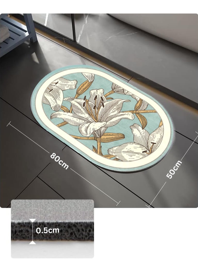 LESTER LESTER Water Absorbant Non-Slip Bathroom Mat, Quick Drying Bathroom Carpet, Non-Slip Entrance Doormat Diatom Leather Skin Floor Mats Home Decor Set Mat Oval Shape Flowers Design Baby Blue and White Color 50x80cm  - Image 2