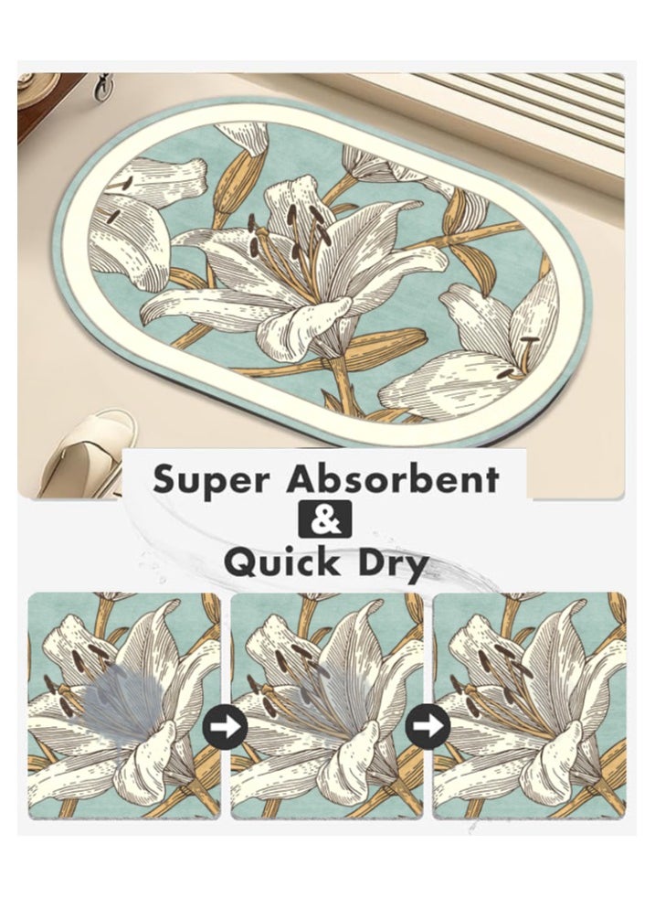 LESTER LESTER Water Absorbant Non-Slip Bathroom Mat, Quick Drying Bathroom Carpet, Non-Slip Entrance Doormat Diatom Leather Skin Floor Mats Home Decor Set Mat Oval Shape Flowers Design Baby Blue and White Color 50x80cm  - Image 3