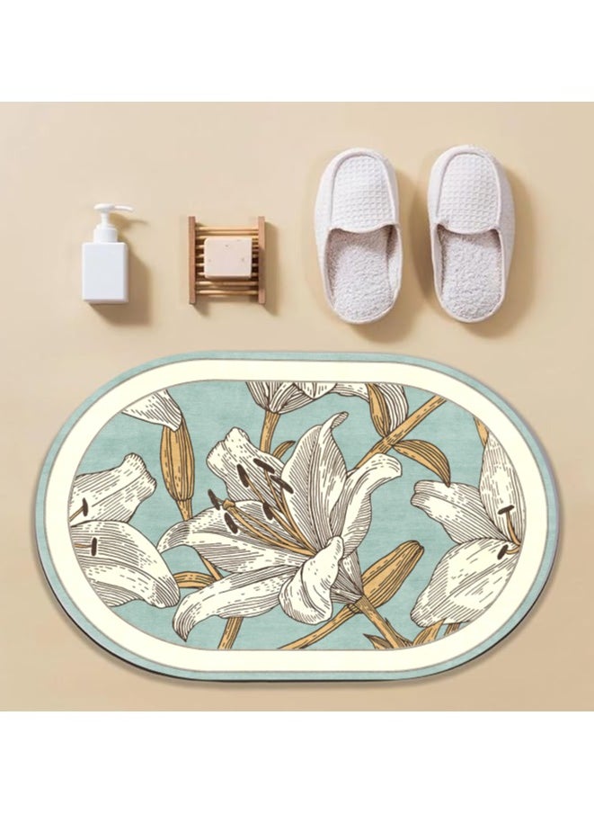 LESTER LESTER Water Absorbant Non-Slip Bathroom Mat, Quick Drying Bathroom Carpet, Non-Slip Entrance Doormat Diatom Leather Skin Floor Mats Home Decor Set Mat Oval Shape Flowers Design Baby Blue and White Color 50x80cm  - Image 5
