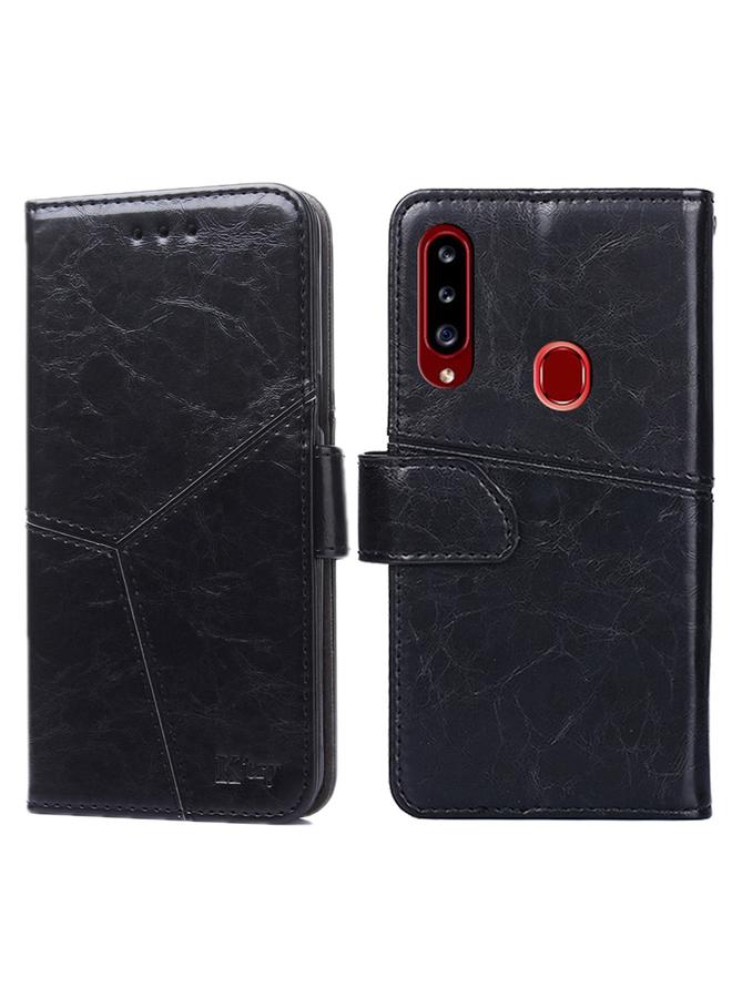 اس-توب جراب لهاتف Samsung Galaxy A20s بخياطة هندسية أفقية من مادة TPU + جراب جلدي من البولي يوريثان مع حامل وفتحات للبطاقات ومحفظة - Image 1