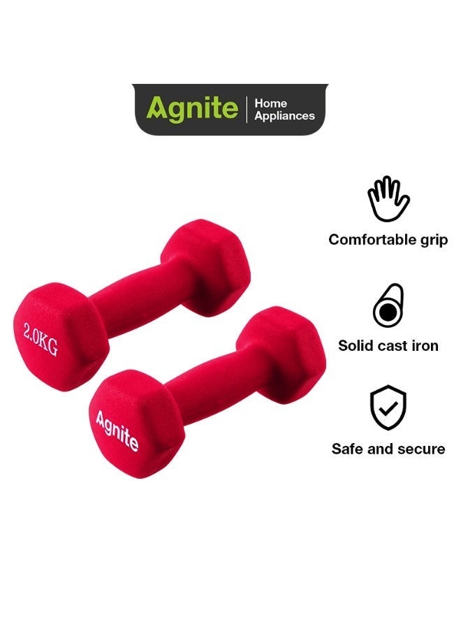 Agnite ER083 Neoprene Dumbbells, 2Kg, 2 pieces, Solid Cast Iron Hand Weights With Non-Slip Grip, Hexagonal Design For Home Workouts, Strength Training & Fitness, Red Color. - Image 1