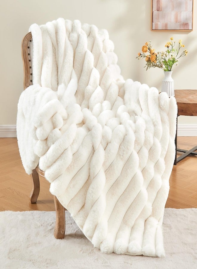 BEDELITE Faux Fur Throw Blanket for Couch, Soft and Cozy Luxurious 3D Striped Fluffy Blanket, 770GSM Thick Warm Plush Fuzzy Faux Rabbit Fur Blanket for Women Gift (Cream, 50"x 60") - Image 1