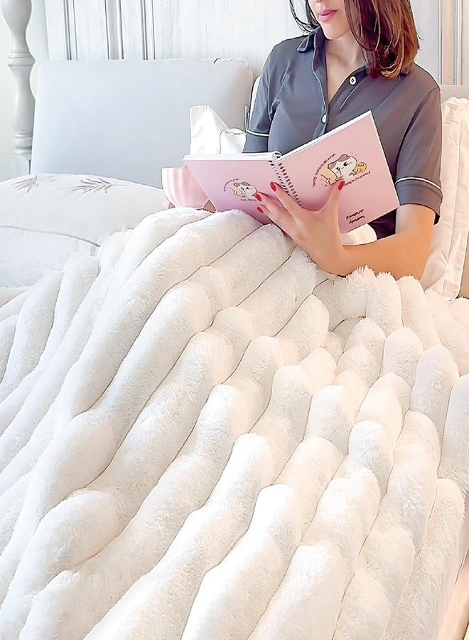 BEDELITE Faux Fur Throw Blanket for Couch, Soft and Cozy Luxurious 3D Striped Fluffy Blanket, 770GSM Thick Warm Plush Fuzzy Faux Rabbit Fur Blanket for Women Gift (Cream, 50"x 60") - Image 3