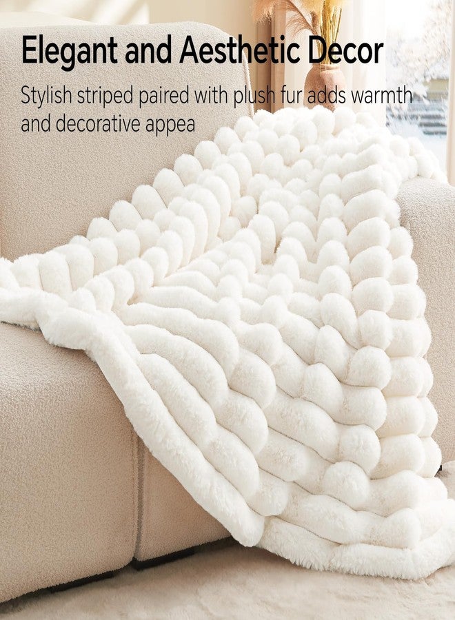 BEDELITE Faux Fur Throw Blanket for Couch, Soft and Cozy Luxurious 3D Striped Fluffy Blanket, 770GSM Thick Warm Plush Fuzzy Faux Rabbit Fur Blanket for Women Gift (Cream, 50"x 60") - Image 2