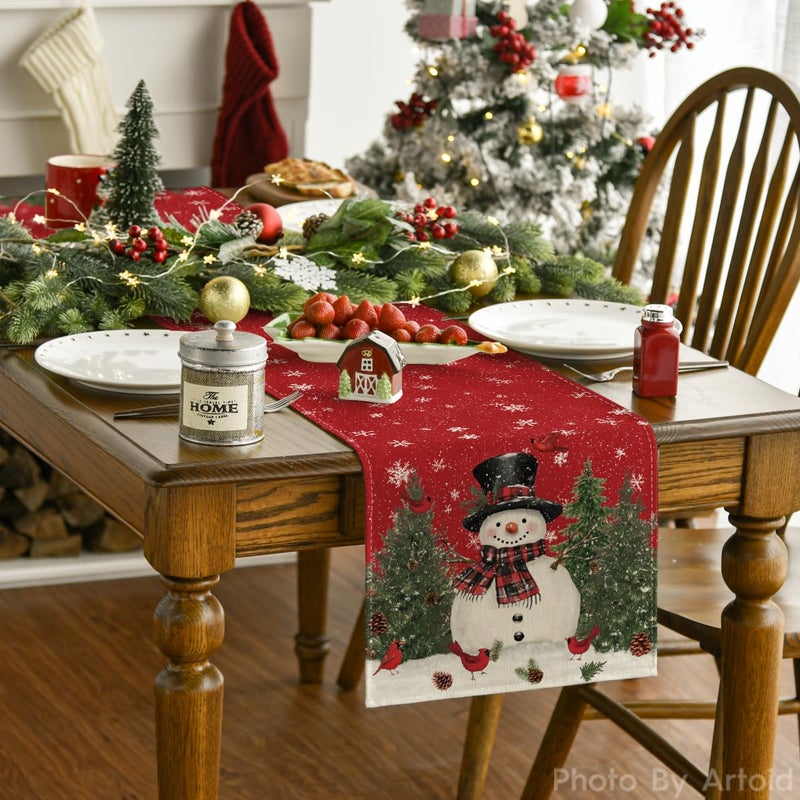 Artoid Mode Snowman Christmas Birds Trees Table Runner, Seasonal Winter Xmas Holiday Kitchen Dining Table Decoration for Indoor Outdoor Home Party Decor 13 x 72 Inch - Image 2