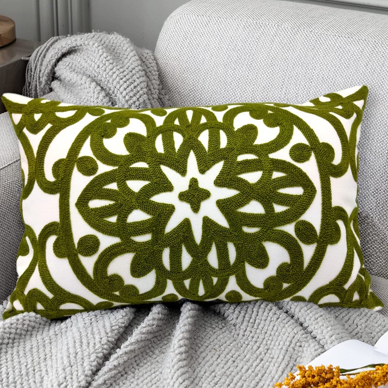 Alysheer Embroidered Lumbar Decorative Throw Pillow Cover 12x 20 Classic Boho Mandala Embroidery Pattern Cotton Rectangular Cushion Case for Sofa Couch Living Room BedroomOlive Green