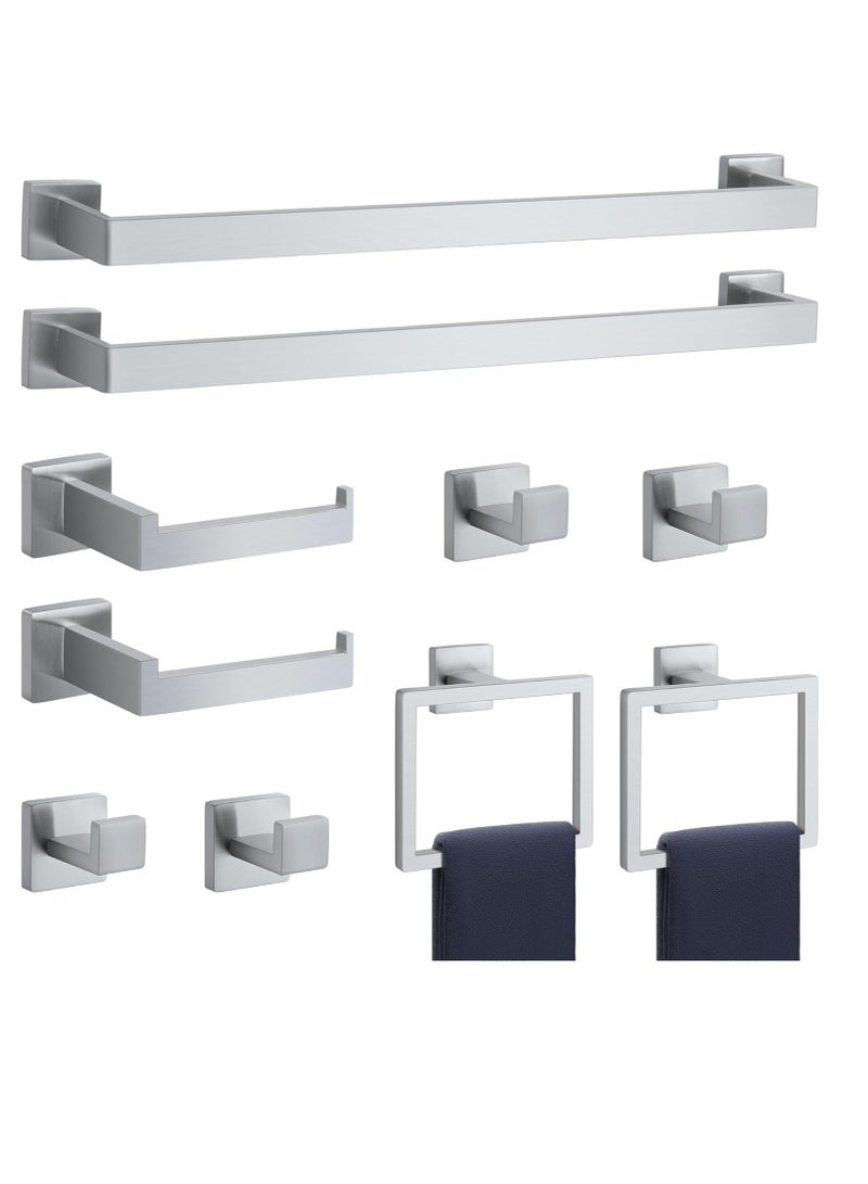 10-Pieces Brushed Silver Bathroom Hardware Accessories Set Towel Bar Set,Wall Mounted Stainless Steel,23.6 Inch Bath Towel Bar Set, Stainless Steel Bathroom Hardware Set - Image 1
