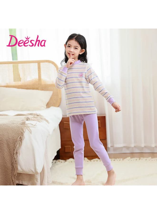 Deesha 5a Antibacterial 40s Compact Spun Girls' Pure Cotton Thermal Underwear Set Light Purple Striped Small Crown 140 - Image 1