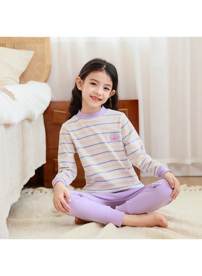 Deesha 5a Antibacterial 40s Compact Spun Girls' Pure Cotton Thermal Underwear Set Light Purple Striped Small Crown 140 - Image 3