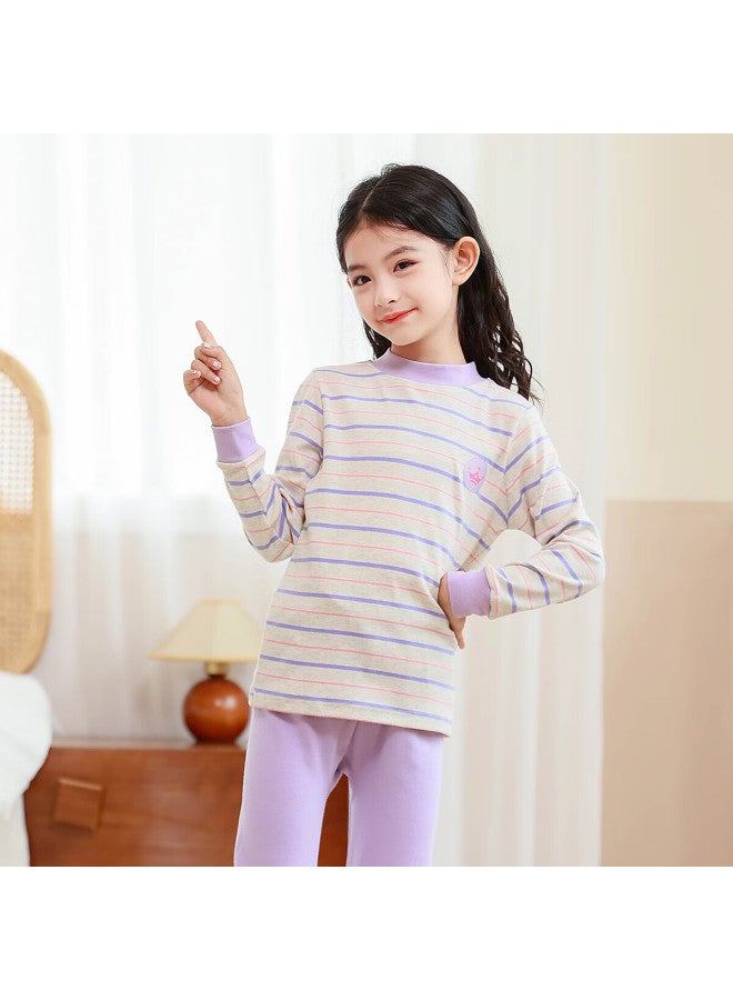 Deesha 5a Antibacterial 40s Compact Spun Girls' Pure Cotton Thermal Underwear Set Light Purple Striped Small Crown 140 - Image 2