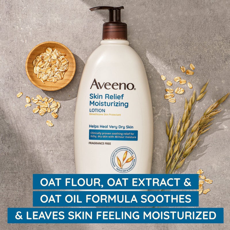 Aveeno Skin Relief Moisturizing Lotion for Very Dry, Itchy, Dry Skin, Body Moisturizer, Soothing Triple Oat & Shea Butter, Fragrance-Free, Non-Greasy, 33 fl oz - Image 2