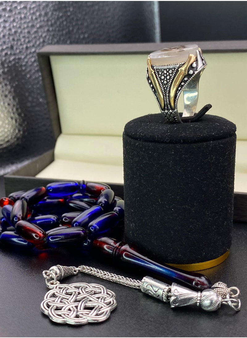 Men's ring, original natural Yemeni agate, 925 sterling silver, men's rings, Turkish-made, royal, men's gift, luxury sterling silver, rosary, gifts, luxury men's rosary, royal, Yemeni agate, gemstone set, men's rings, rosary sets, gemstones A26