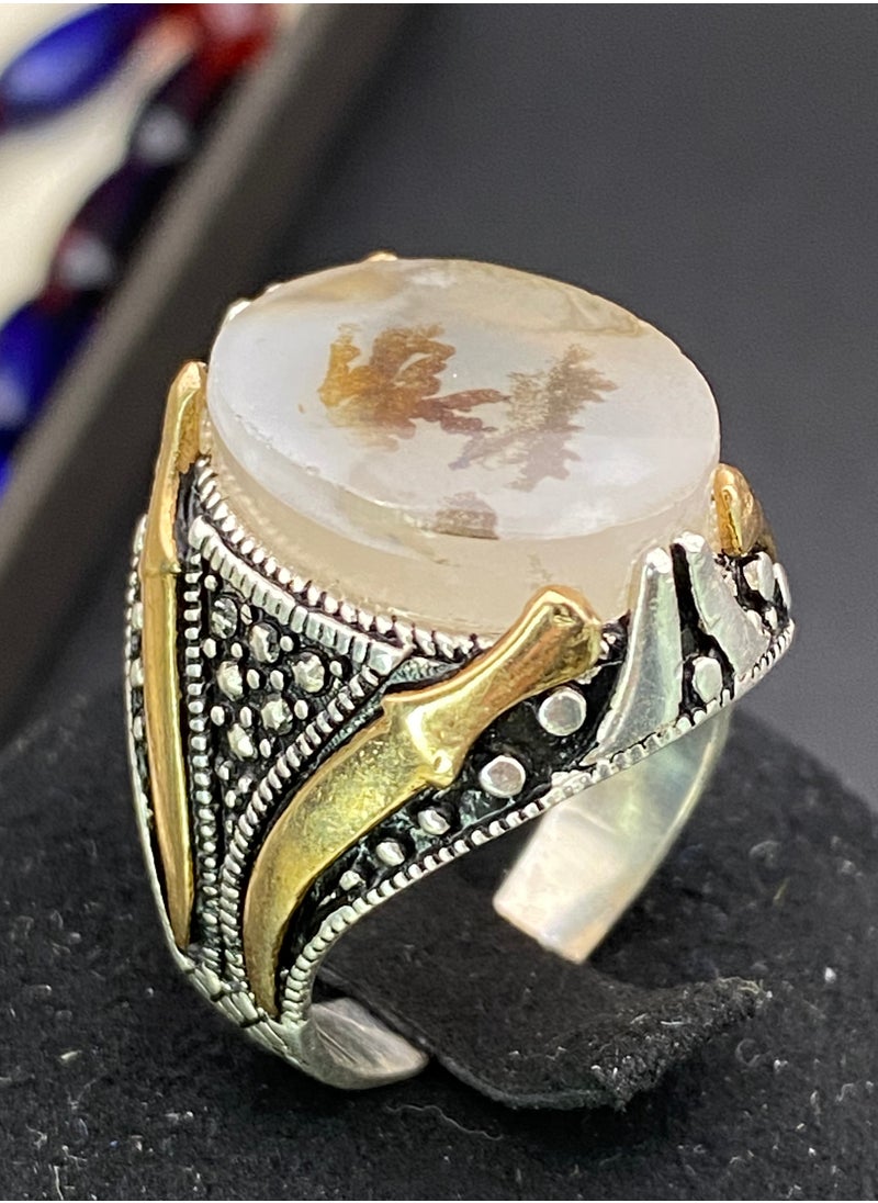 Men's ring, original natural Yemeni agate, 925 sterling silver, men's rings, Turkish-made, royal, men's gift, luxury sterling silver, rosary, gifts, luxury men's rosary, royal, Yemeni agate, gemstone set, men's rings, rosary sets, gemstones A26
