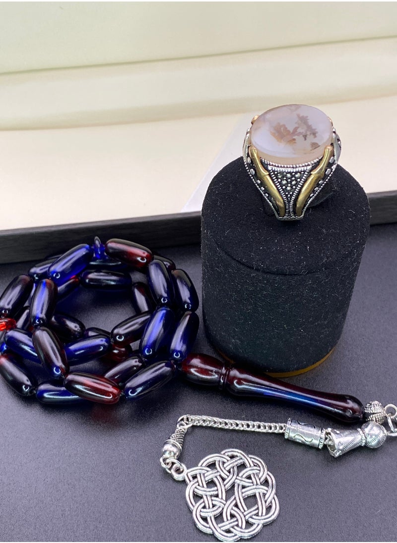 Men's ring, original natural Yemeni agate, 925 sterling silver, men's rings, Turkish-made, royal, men's gift, luxury sterling silver, rosary, gifts, luxury men's rosary, royal, Yemeni agate, gemstone set, men's rings, rosary sets, gemstones A26