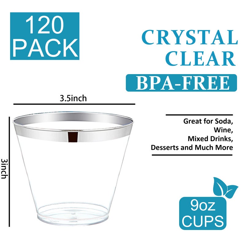WELLIFE 120 PCS Silver Plastic Cups 9 oz Clear Cups Tumblers  Elegant Silver Rimmed Plastic Cups  Disposable Cups with Silver Rim Perfect for Wedding  Party - Image 1