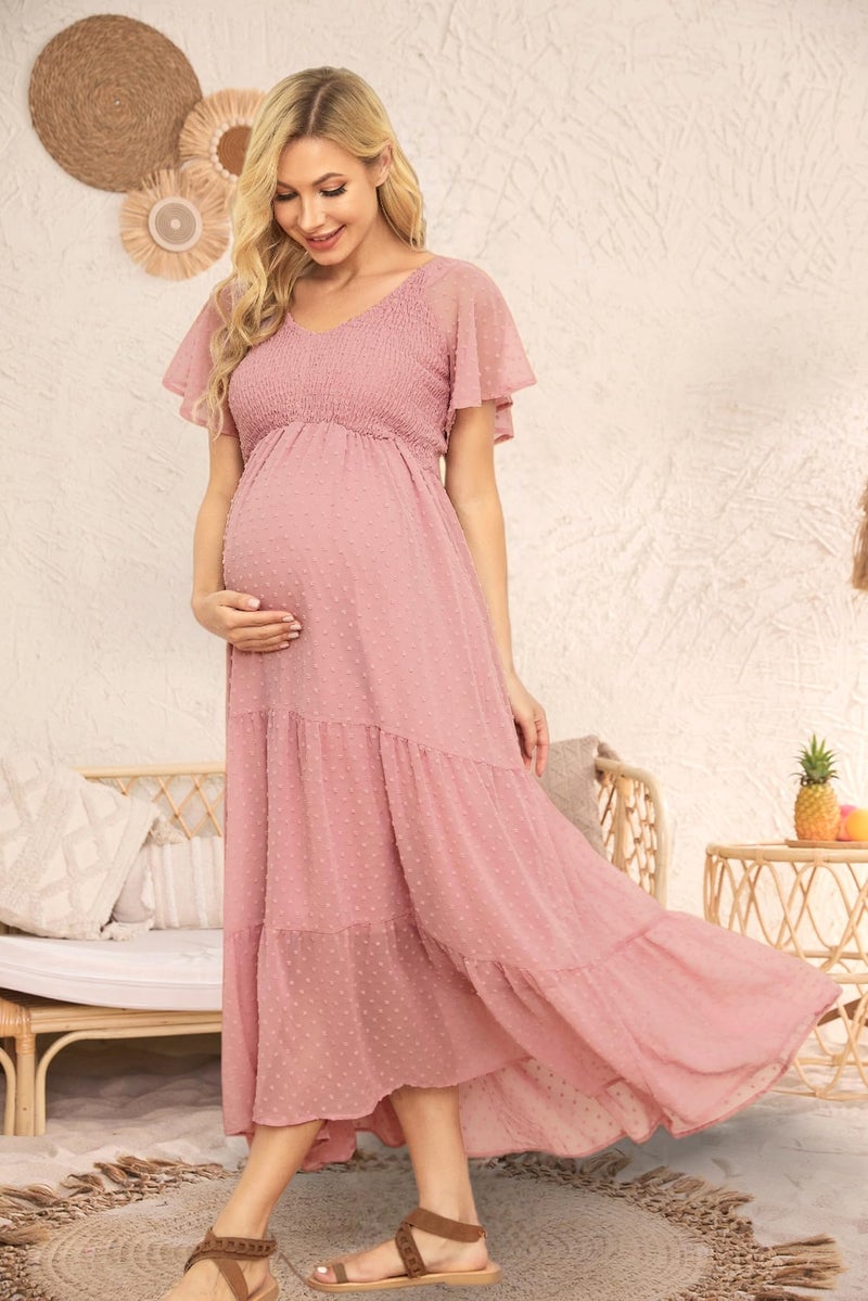 guruixu Swiss Dot Smocked Maternity Dress for Baby Shower Photoshoot Casual Summer V Neck Ruffle Sleeve Empire Waist Boho Dress B Pink - Image 3