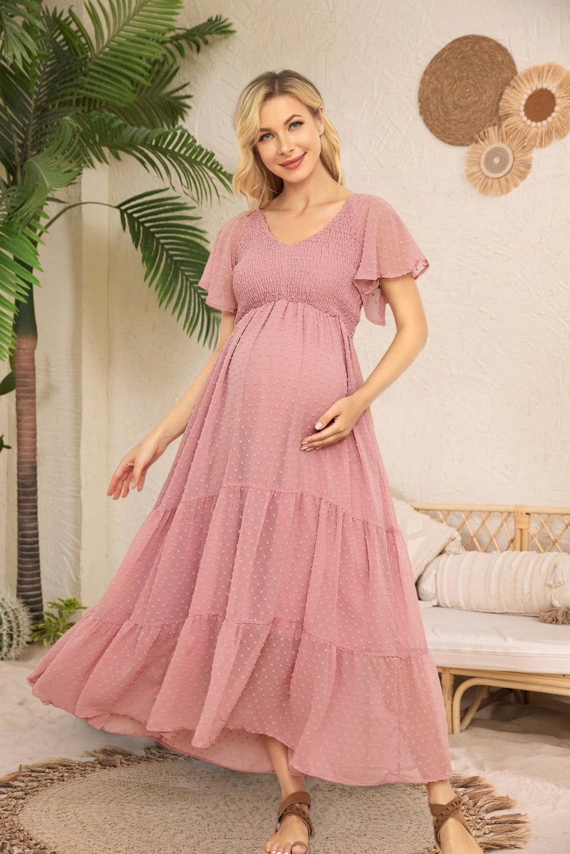 guruixu Swiss Dot Smocked Maternity Dress for Baby Shower Photoshoot Casual Summer V Neck Ruffle Sleeve Empire Waist Boho Dress B Pink - Image 5