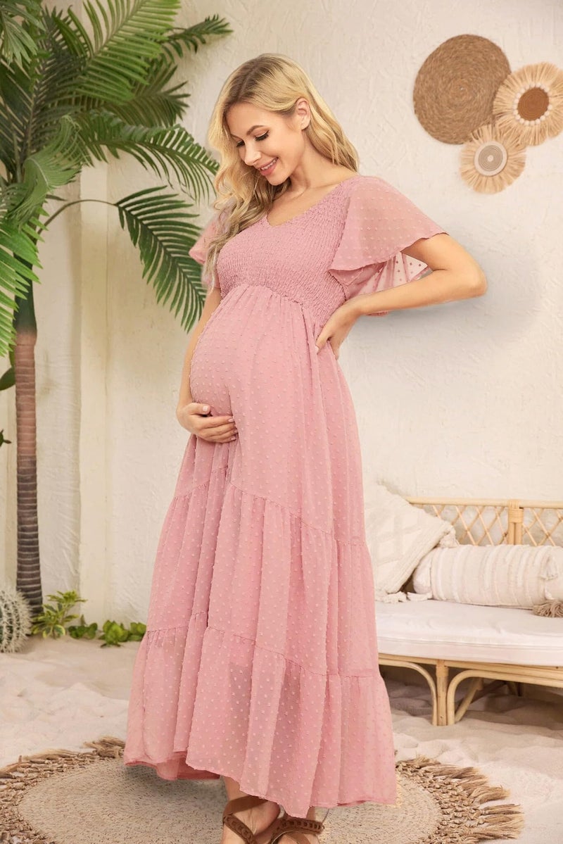 guruixu Swiss Dot Smocked Maternity Dress for Baby Shower Photoshoot Casual Summer V Neck Ruffle Sleeve Empire Waist Boho Dress B Pink - Image 4