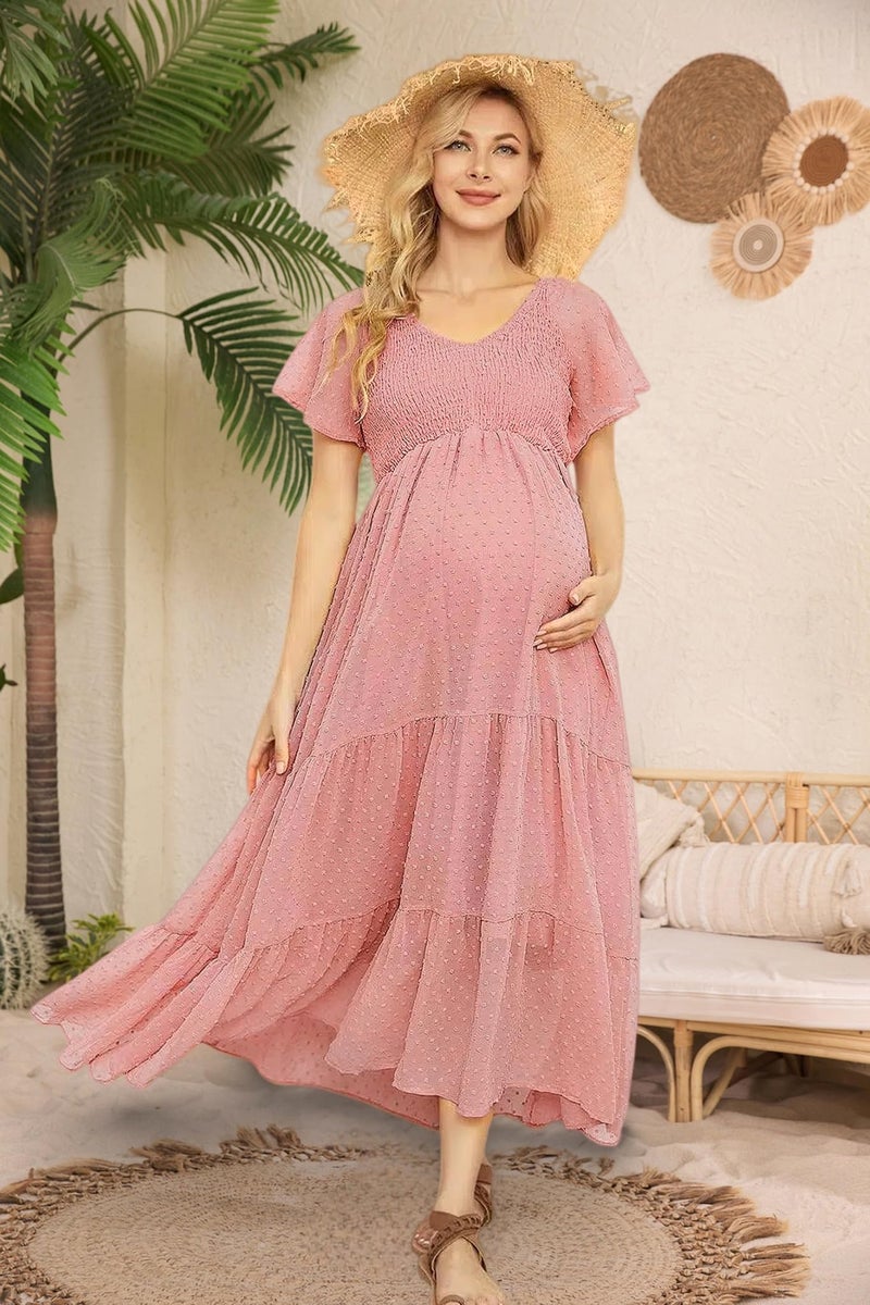 guruixu Swiss Dot Smocked Maternity Dress for Baby Shower Photoshoot Casual Summer V Neck Ruffle Sleeve Empire Waist Boho Dress B Pink - Image 2