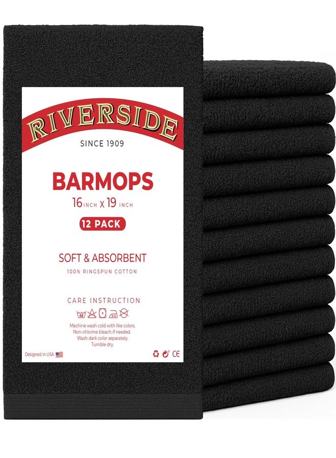 RIVERSIDE Bar Mop Towels Pack of 12, 16x19 Inches, 100% Ring Spun Cotton Terry Cloth Kitchen Towel, Highly Absorbent & Reusable Multipurpose Cleaning Rags for Bathroom, Hotel, Restaurant, Black - Image 1