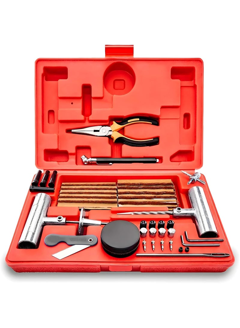 FORCE USA Tire Repair Kit - Heavy Duty Flat Tyre Plug Tool Set with T-Handle, 100PCS Strings, Pliers, Valve Stems & Accessories for Car, SUV, Truck, Motorcycle, Bike & Off-Road Emergency Repair - Image 1