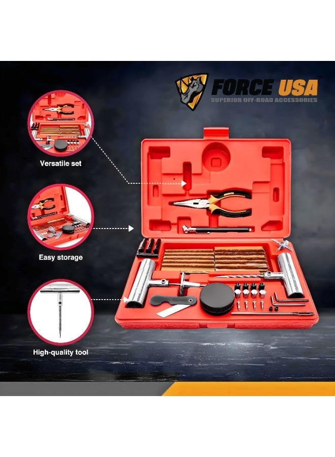 FORCE USA Tire Repair Kit - Heavy Duty Flat Tyre Plug Tool Set with T-Handle, 100PCS Strings, Pliers, Valve Stems & Accessories for Car, SUV, Truck, Motorcycle, Bike & Off-Road Emergency Repair - Image 2