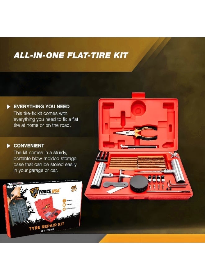 FORCE USA Tire Repair Kit - Heavy Duty Flat Tyre Plug Tool Set with T-Handle, 100PCS Strings, Pliers, Valve Stems & Accessories for Car, SUV, Truck, Motorcycle, Bike & Off-Road Emergency Repair - Image 5