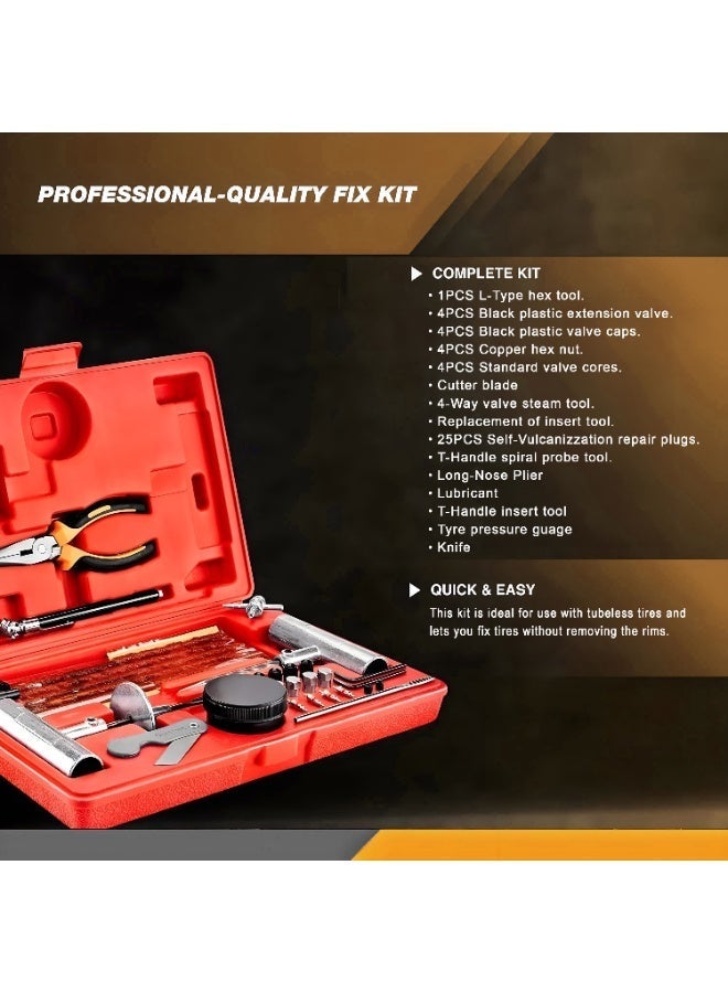 FORCE USA Tire Repair Kit - Heavy Duty Flat Tyre Plug Tool Set with T-Handle, 100PCS Strings, Pliers, Valve Stems & Accessories for Car, SUV, Truck, Motorcycle, Bike & Off-Road Emergency Repair - Image 3